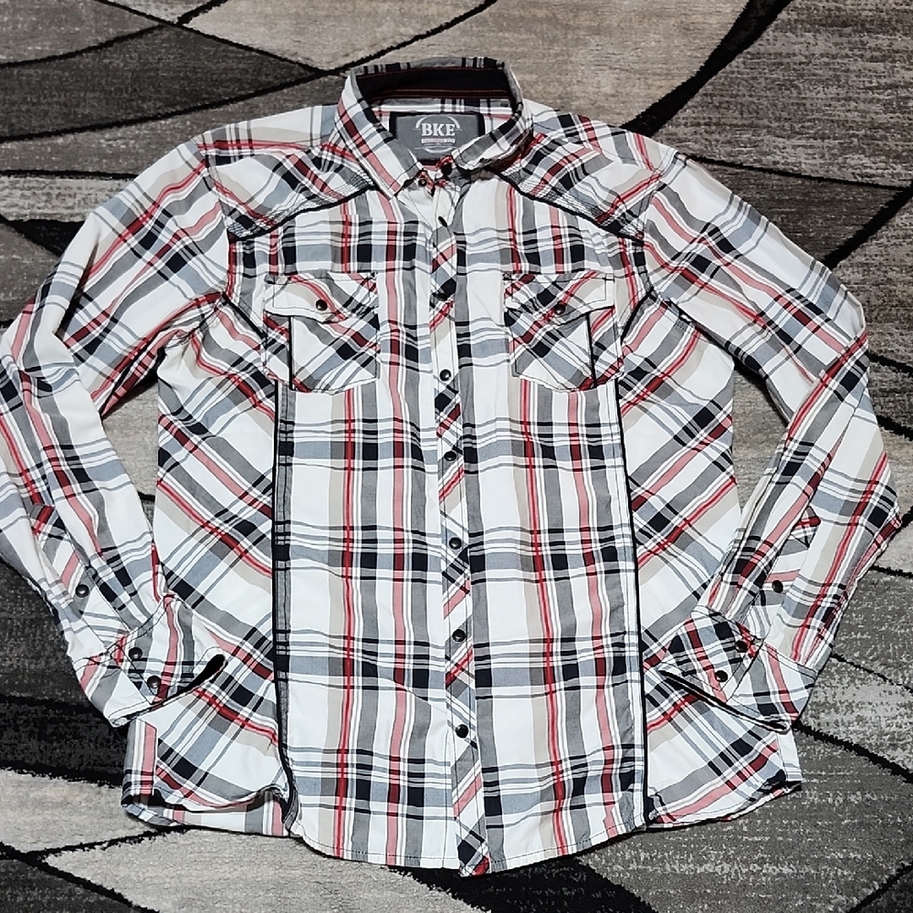 BKE TAILORED PLAID SNAP-BUTTON LONG-SLEEVE WESTERN LIGHTWEIGHT SHIRT XL